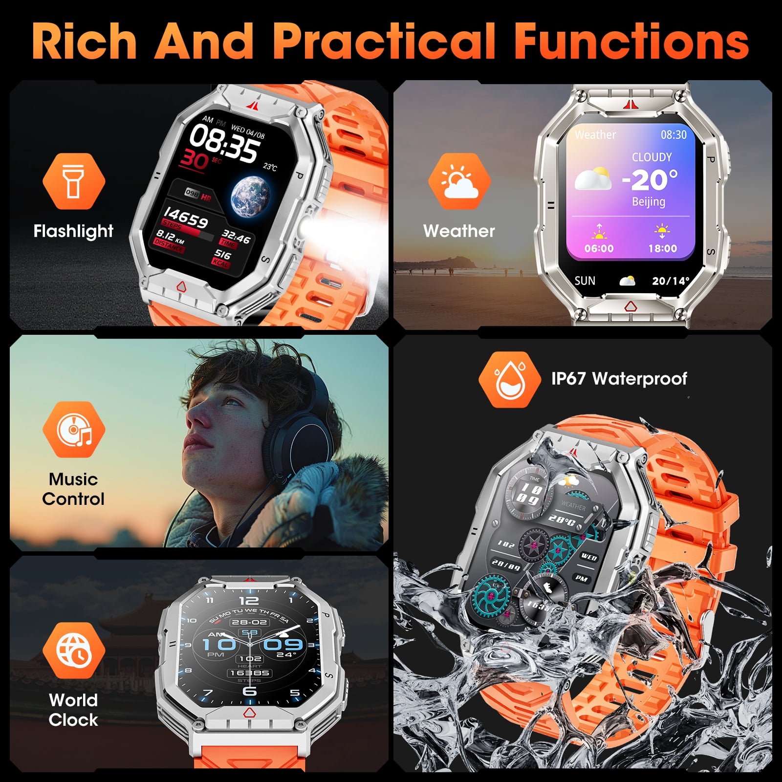 Mingdaln 2.1-inch AMOLED Men Military Smartwatch，with Fitness Tracker/ Answer Make Calls /100+ Sport Modes/1ATM Waterproof, Mountain Travel Pedometer Watch fits for Android and Iphone Devices