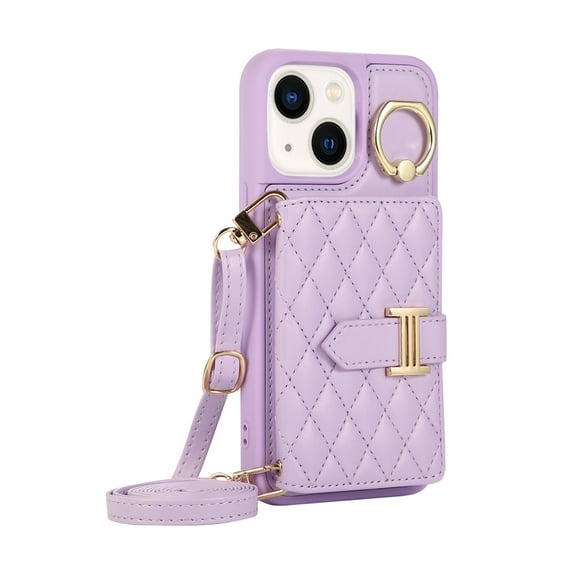 Dteck Wallet Crossbody for iPhone 14 Plus Case with Lanyard Wrist Strap Credit Card Holder, PU Leather Protective Phone Case with Ring Holder,Purple