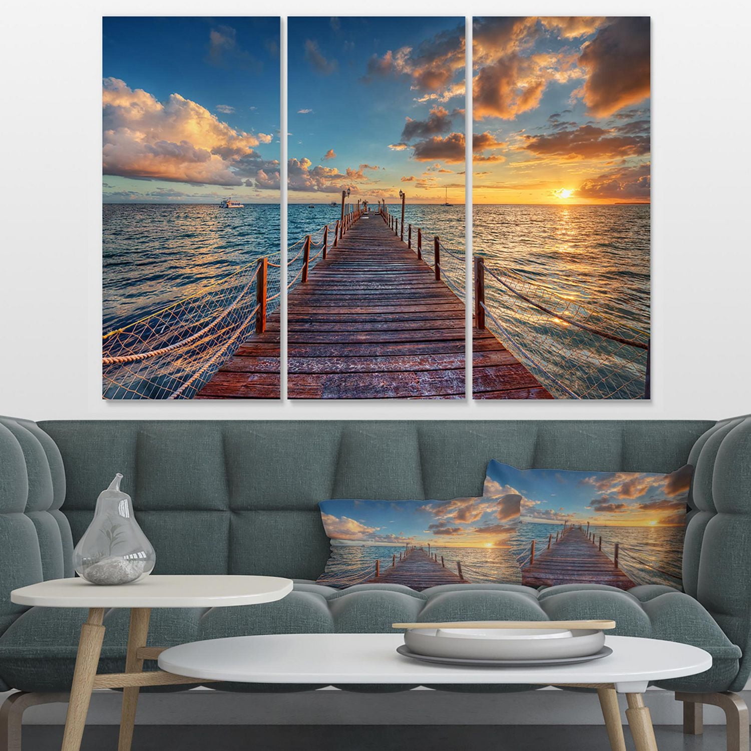 Designart Brilliant Sunrise over Sea Pier Canvas Wall Art