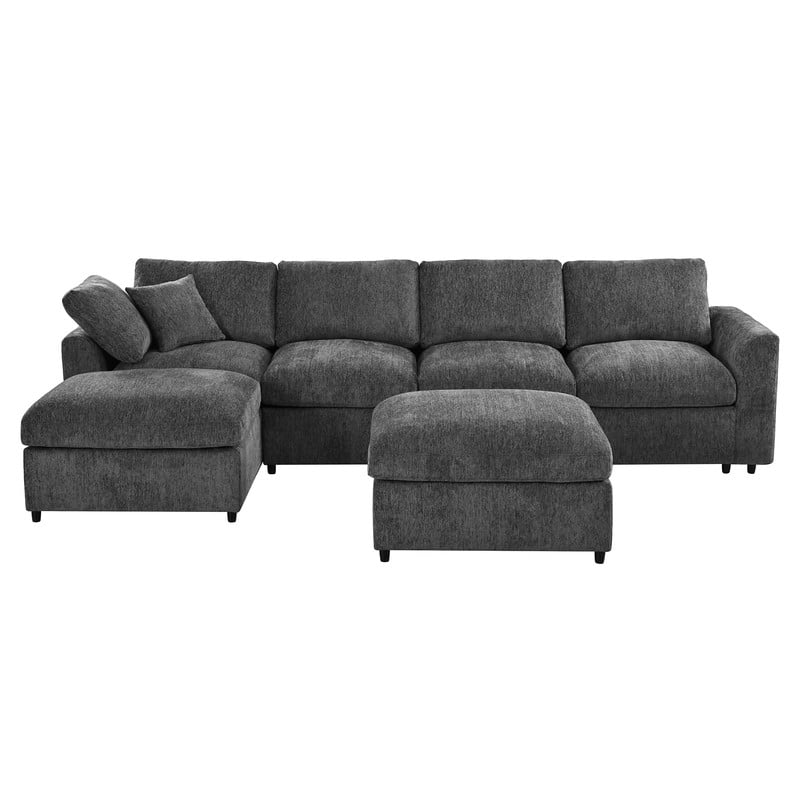 130.3" 6-Seater U-Shaped Modular Sectional Sofa, Chenille Upholstered Couch with 2 Movable Ottomans, Deep Seat Modern Sofa with Solid Wood Frame, Accent Pillow for Living Room