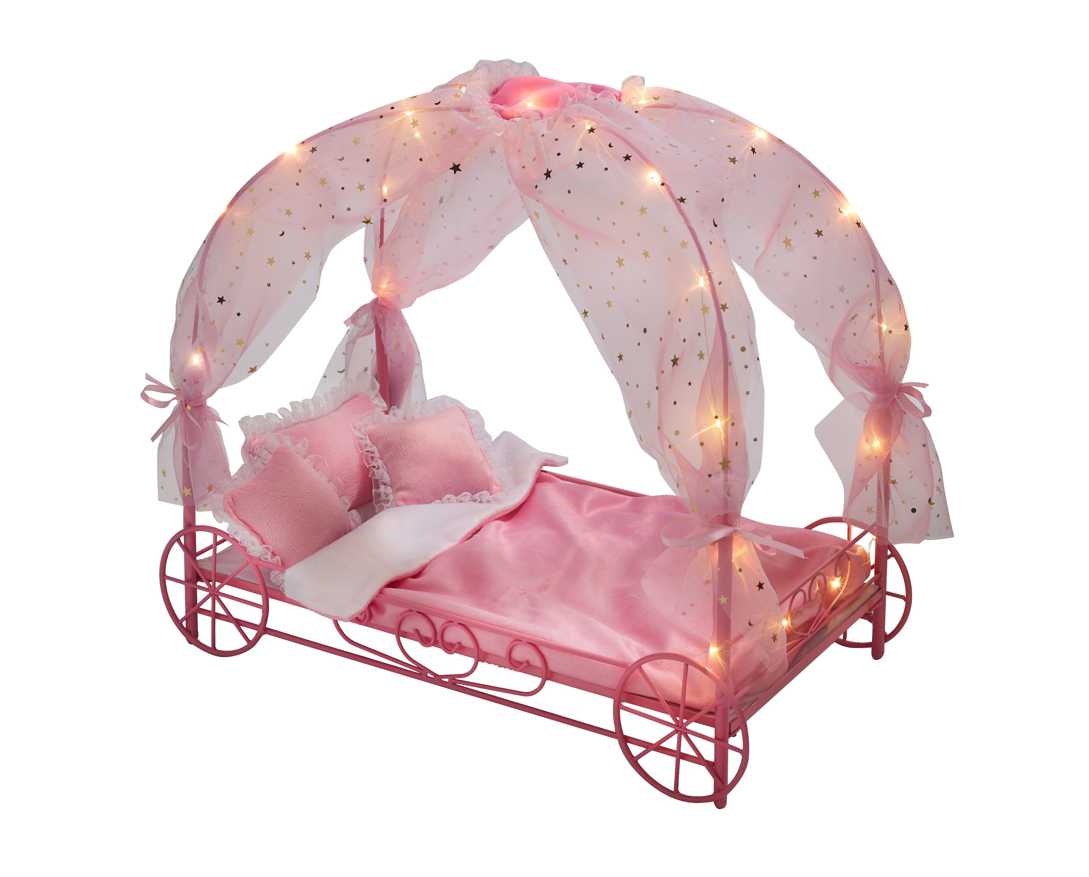 Badger Basket Royal Carriage Metal Doll Bed with Canopy, Bedding and LED Lights - Pink/White/Stars - Fits American Girl, My Life As & Most 18' Dolls