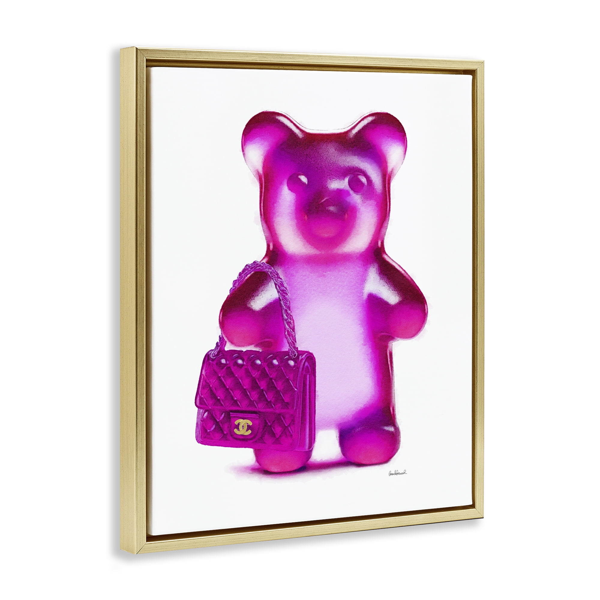 Stupell Industries Pink Bear & Purse Fashion Painting Gold Floater Framed Canvas Art Print Wall Art, 25 x 31