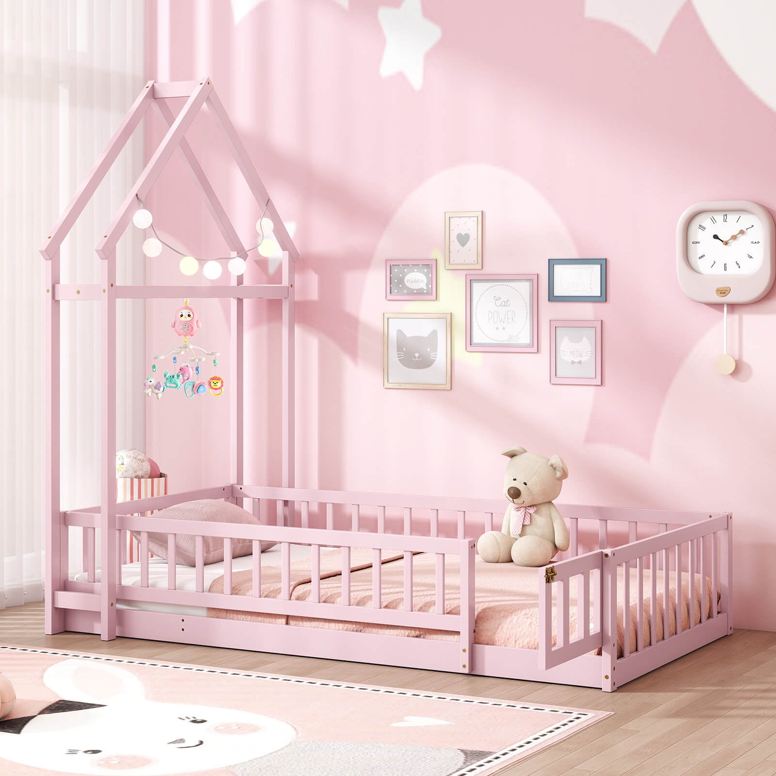 Costway Twin Size House Floor Bed with House-shaped Headboard Clothes Hanger without Slats Pink