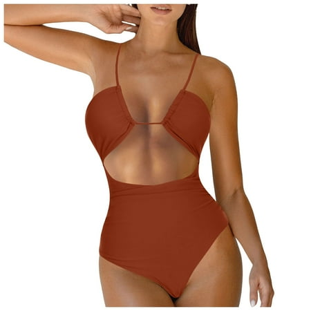 GEWSEY Womens One Piece Swimsuit Solid Color Texture Hollow Out Halter Neck Bathing Suit for Women with Cover-Up 2-Piece Set Coffee  XXXL