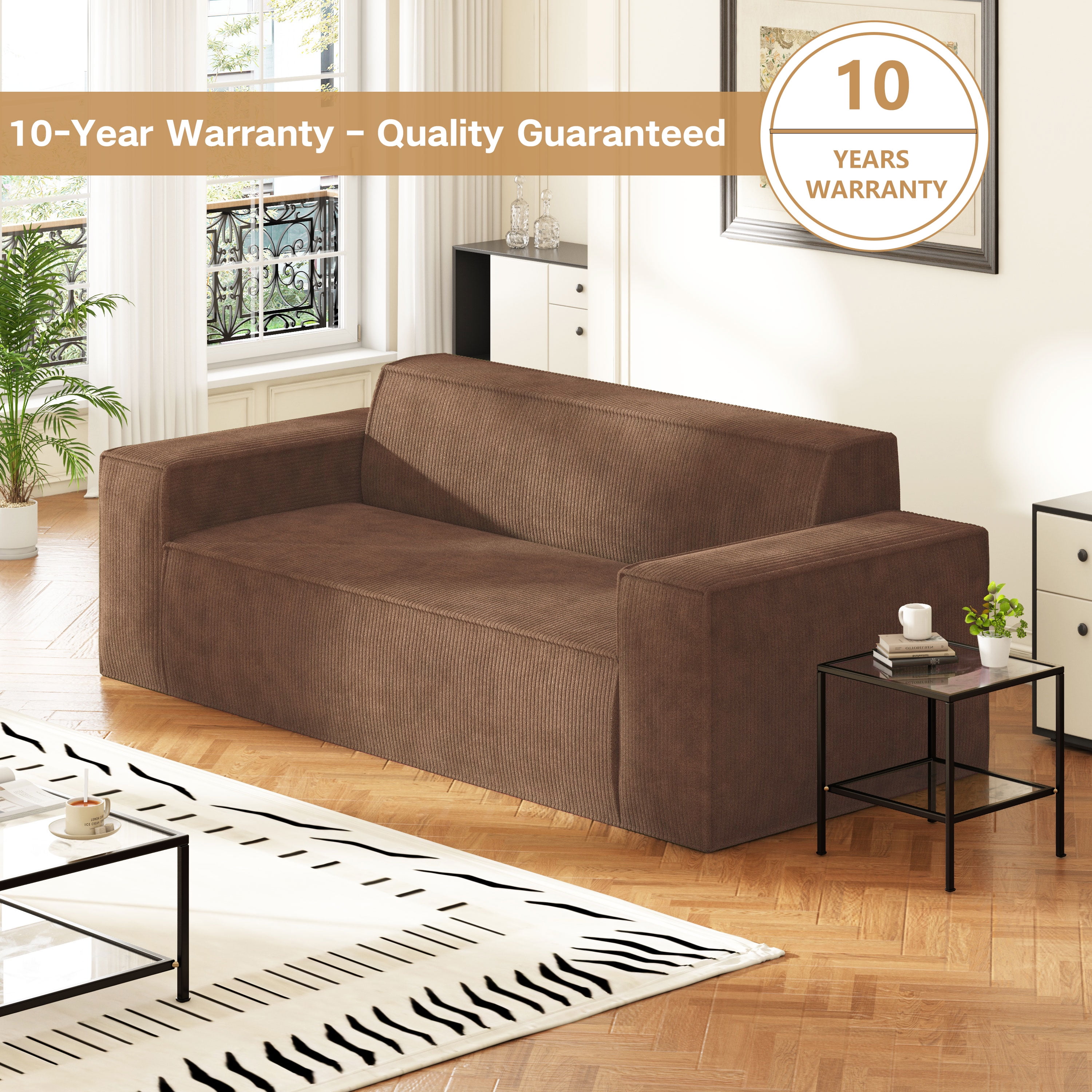 Traumliebe Sofa-in-a-Box Memory Foam 3-Seater Adult Deep with Corduroy Fabric Couch for Living Room,Brown