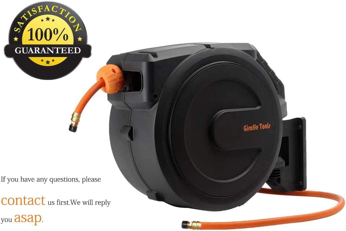 Giraffe Tools Retractable Air Hose Reel, 3/8in-50 ft, Wall Mounted with 180° Swivel Bracket, Compressor Hose Reel, 300 PSI