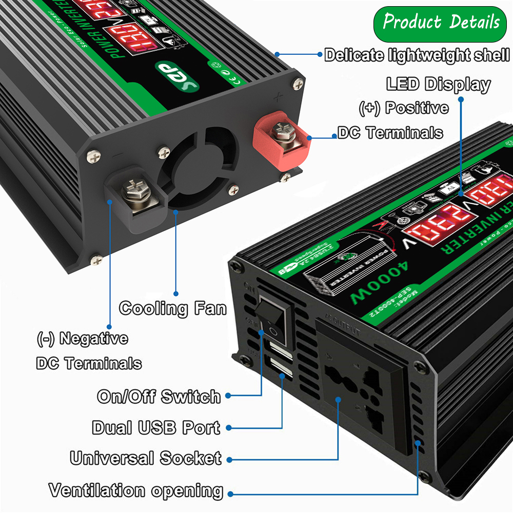 4000W Dual Digital LCD Display Solar Inverters DC 12V To AC 110V 220V Portable Power Bank Car Converter for Camping RV (12V-220V)
