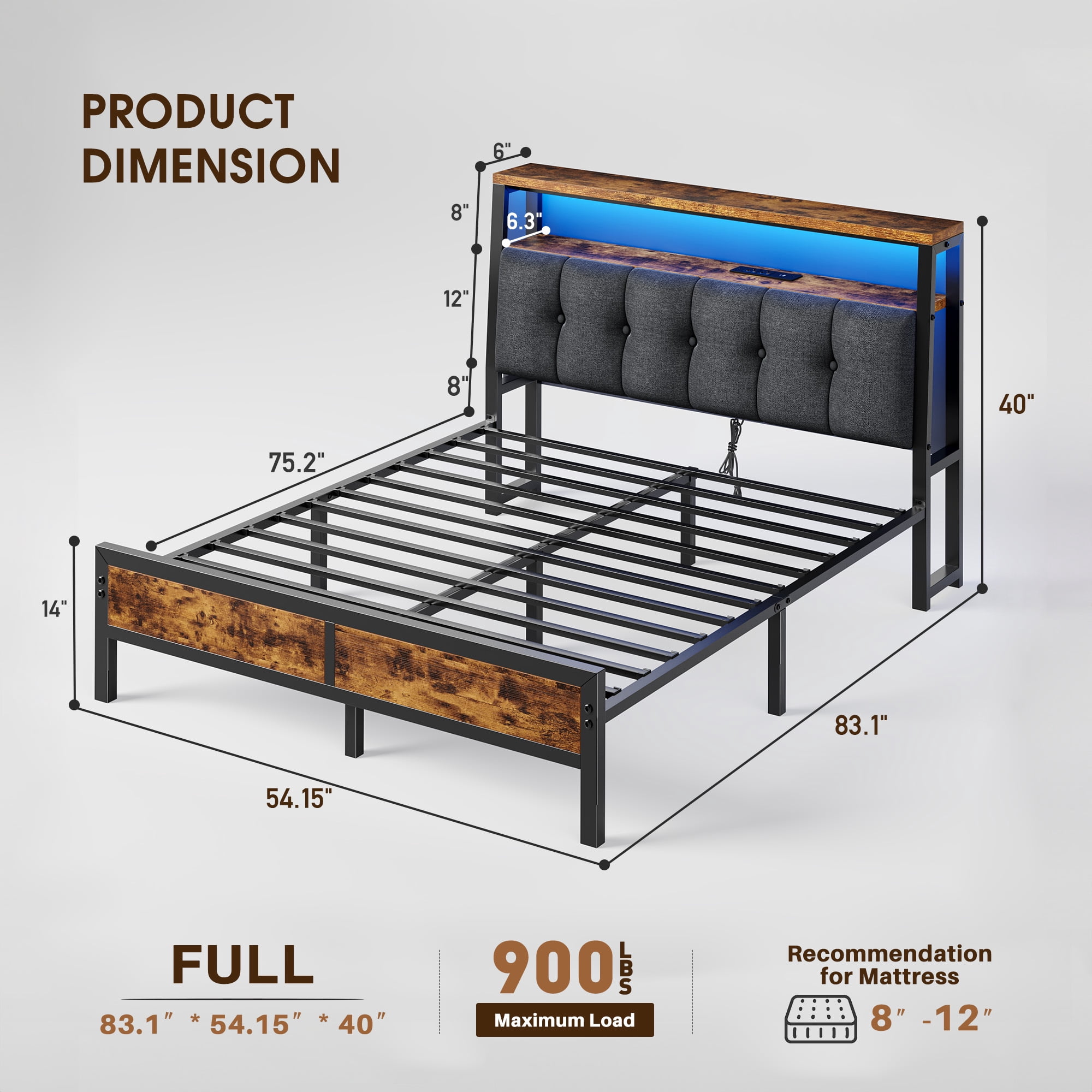 EnHomee Metal Platform Bed Frame Full Size with Headboard Upholstered Bed with 2-Tier Storage Shelf & Charge Station & LED Light,Rustic Brown
