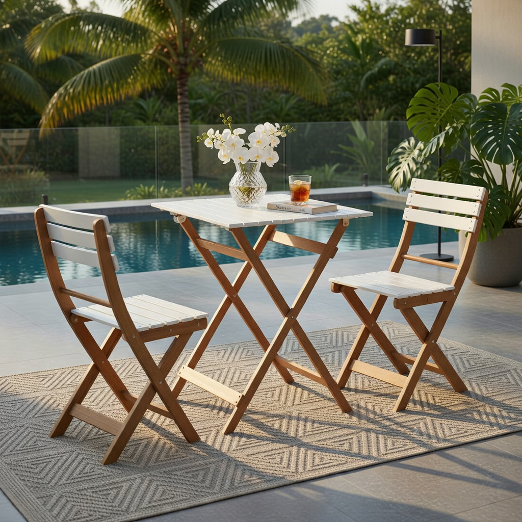 Hommoo 3-Piece Foldable Acacia Wood Patio Bistro Set, Outdoor Chairs + Square Table, Space-Saving Design for Porch, Deck & Garden, Natural