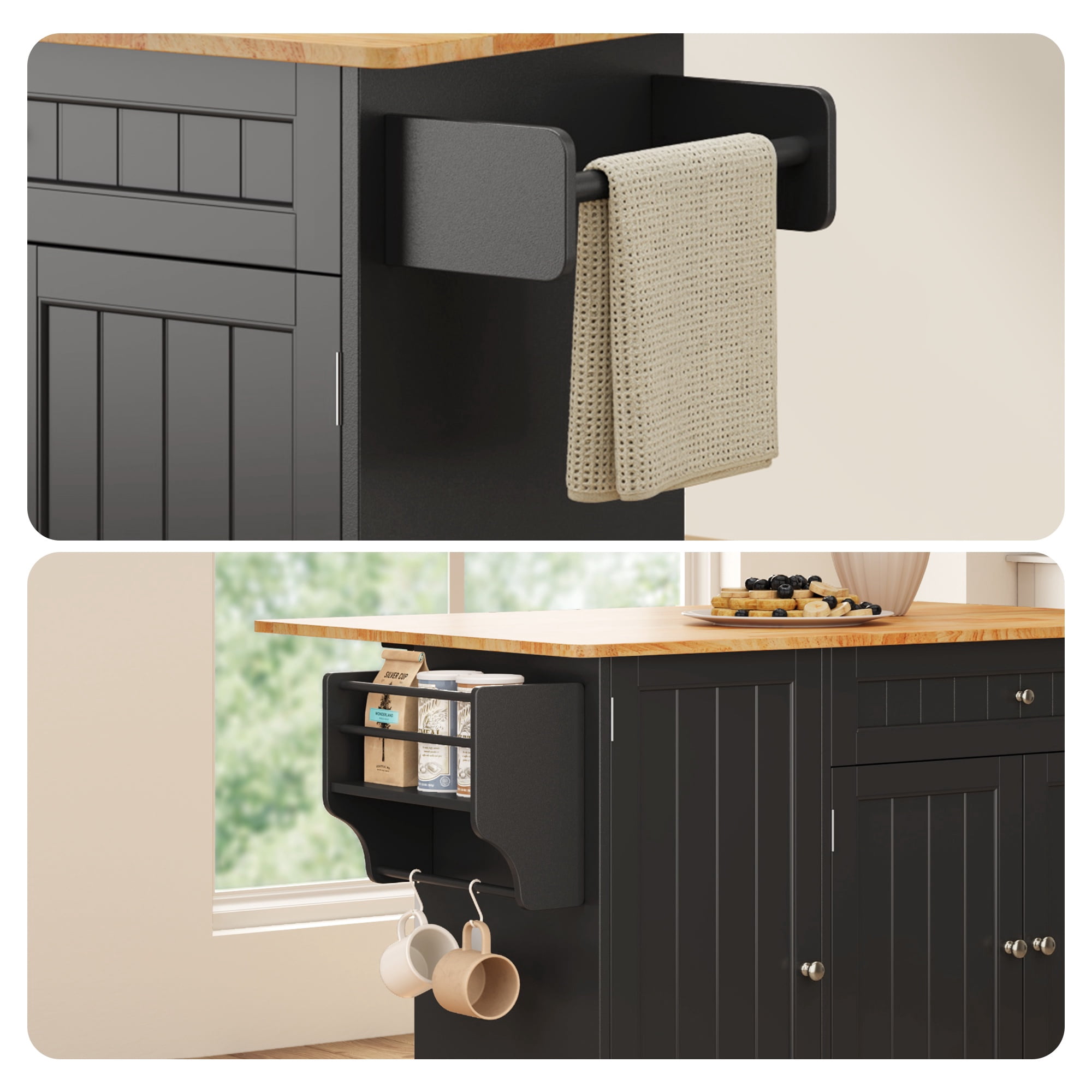 Noelse Rolling Kitchen Island Table with Storage, Drop Leaf Countertop, Kitchen Island with Wheels, Spice Rack & Towel Bar, Black