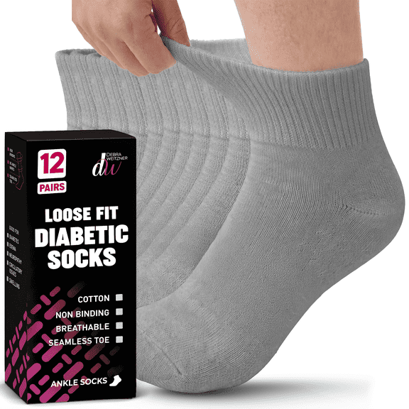 Debra Weitzner Diabetic Ankle Socks Mens Womens Non-binding Socks Loose Fit 12 Pairs Grey