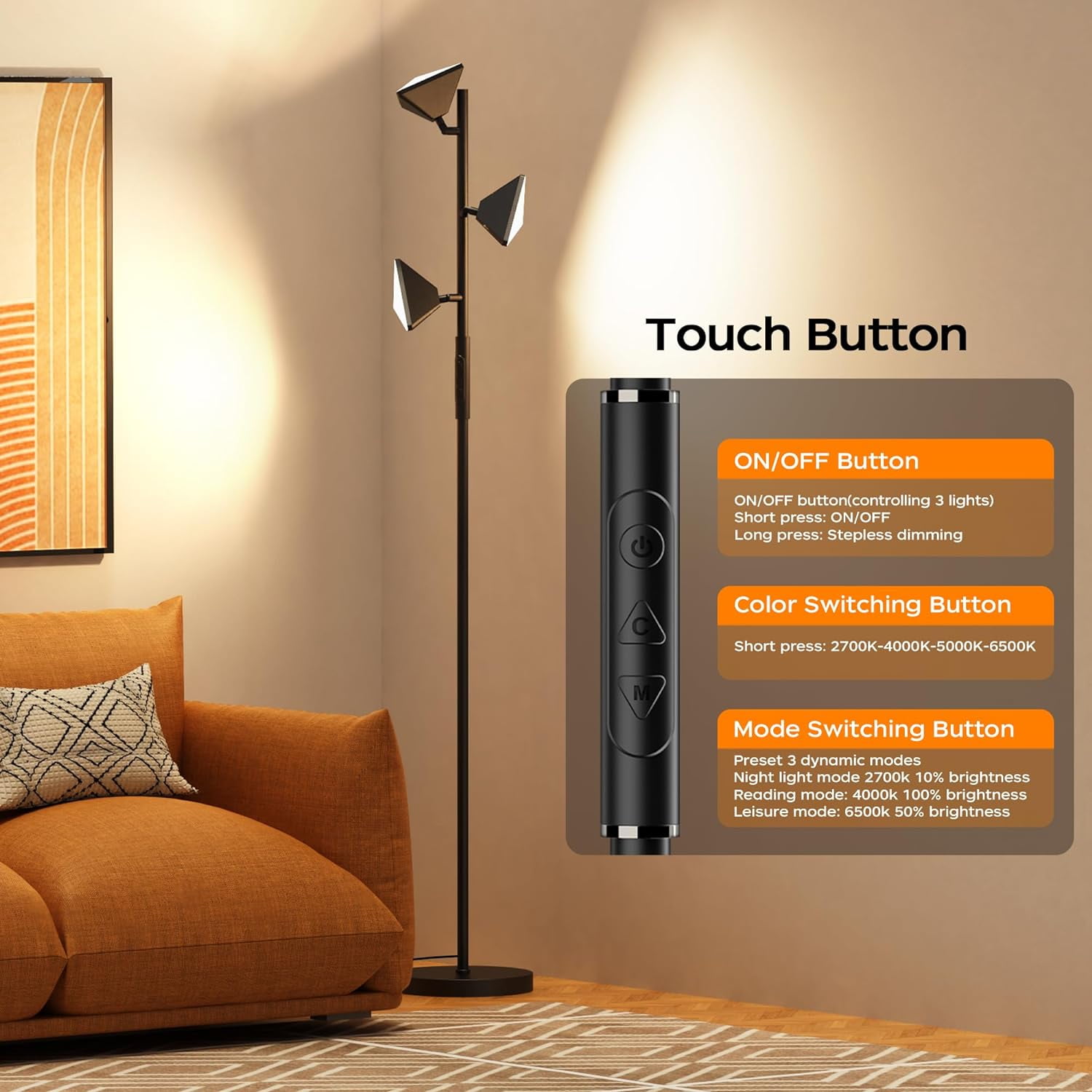 36W LED Tree Floor Lamp Modern Dimmable Lamp with Remote & Touch Control 4 Color Temperatures Rotatable LED Lights Light