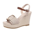 thumbnail image 4 of Rokment Ultra Wedge High Heels Dressy Sandals for Women Ladies 2026 Fashion Casual Buckles Linen Espadrilles Platform Chunky Heeled Dress Summer Shoes Beige Size 6, 4 of 6