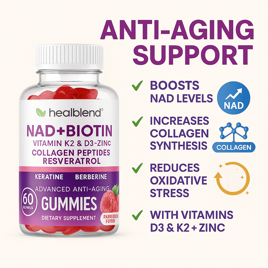 Healblend NAD+ Biotin Gummies – Collagen Peptides, Resveratrol, Keratin & Berberine – Anti-Aging Hair, Skin & Nail Support – Vitamin K2 & D3, Zinc – Raspberry Flavor – 60 Gummies