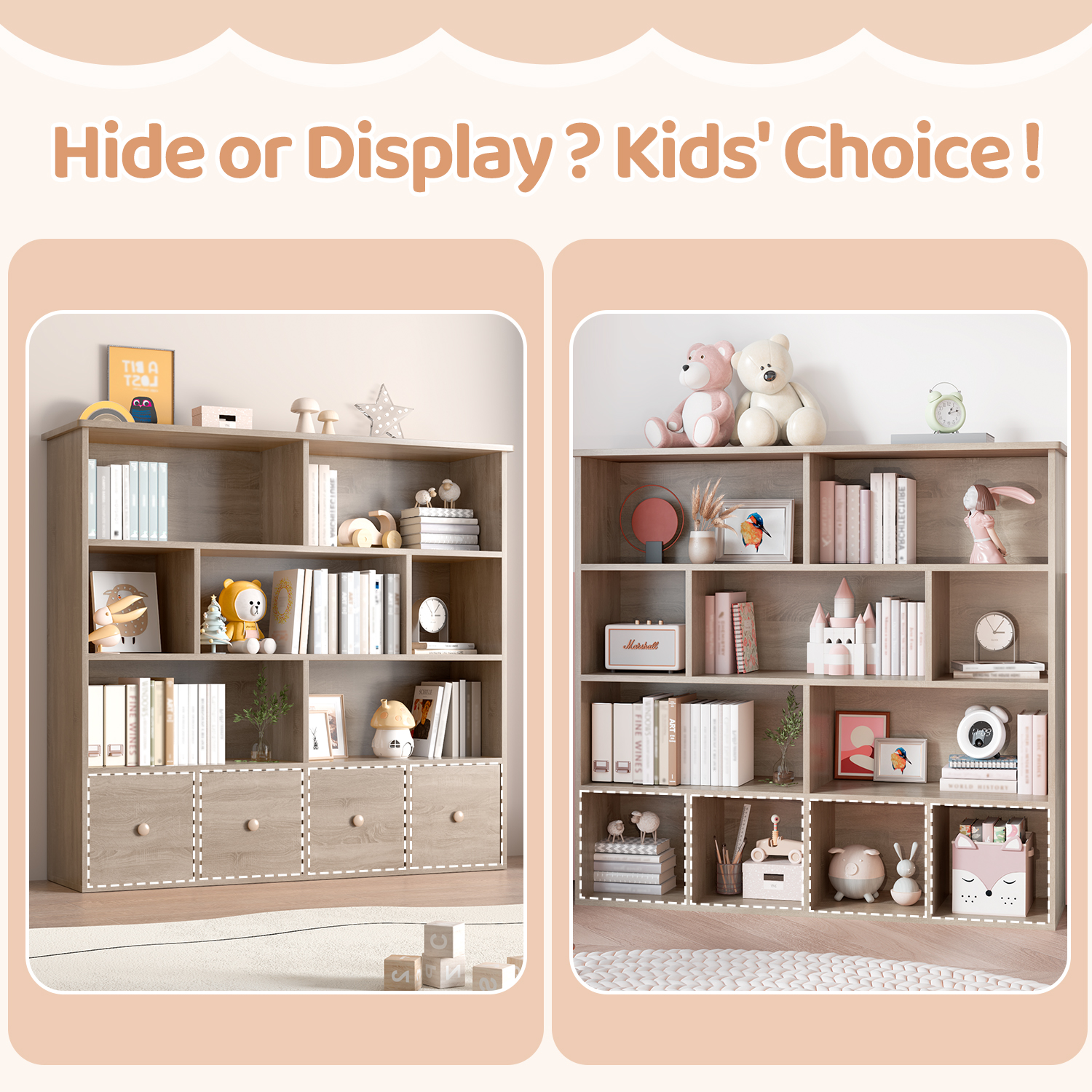 Erinnyees Kids Toy Organizer: 4-Drawer Bookshelf with 7 Cubbies, Natural