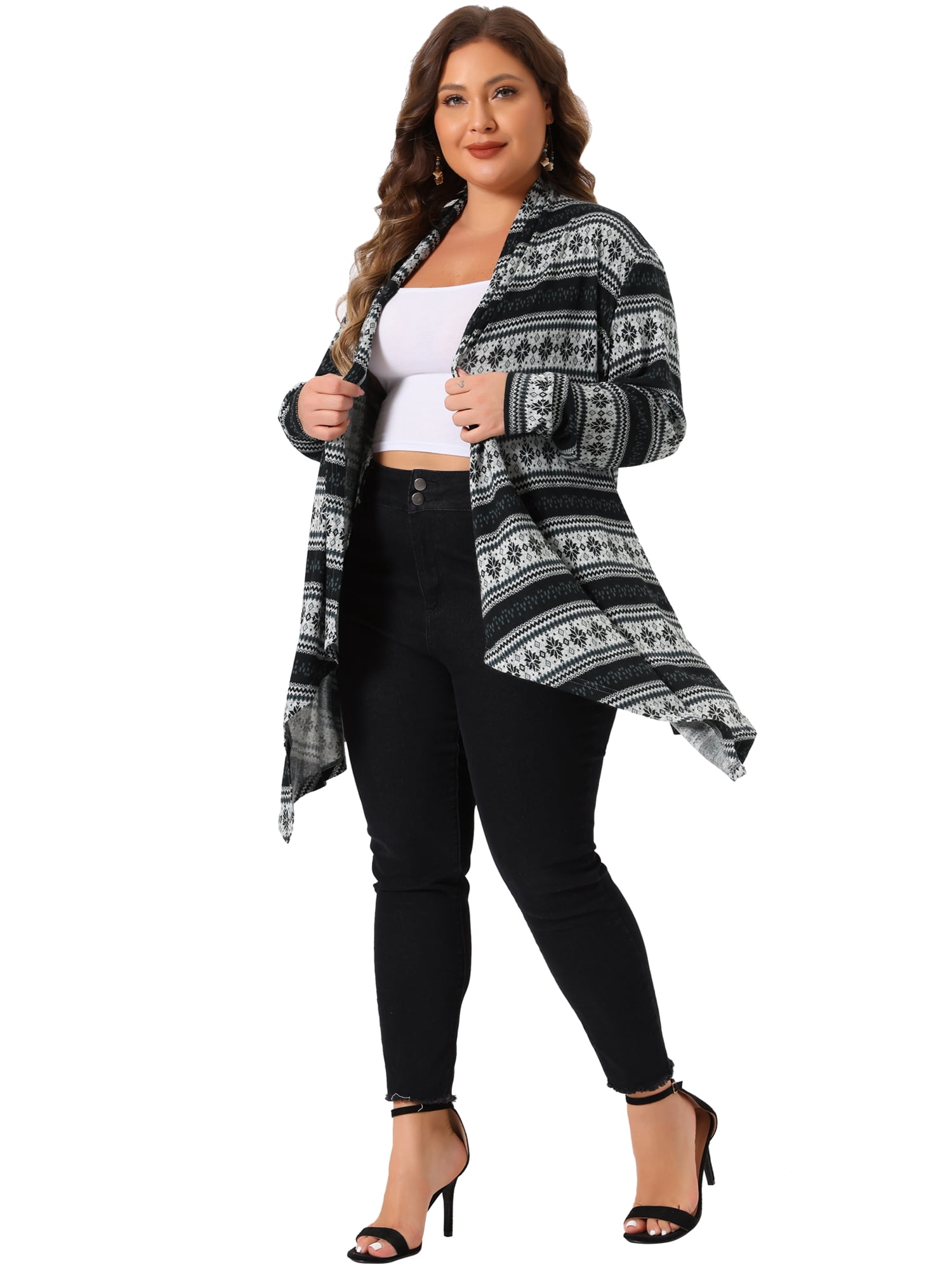 DARING DIVA Plus Size Front Open Lightweight Striped Long Sweaters 2X Black