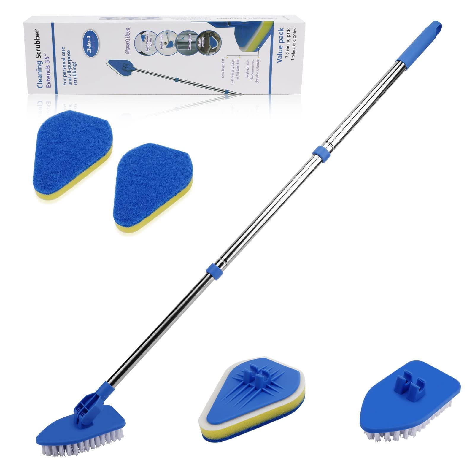 Number-one Floor Scrub Brush with Long Handle 35', Shower Cleaning Brush Telescopic Scrubber Brush Kit, Scrubber with 1 Stiff Bristles & 3 Sponge Brush for Cleaning Tile Shower Bathroom Tub