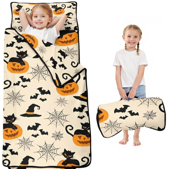 Black Cat Pumpkin Halloween Pattern Toddler Nap Mats for Kids Preschool,50"x20" Sleeping Mat Bag or Kids,Toddler Sleeping Bag,Toddler Nap Mat or Daycare