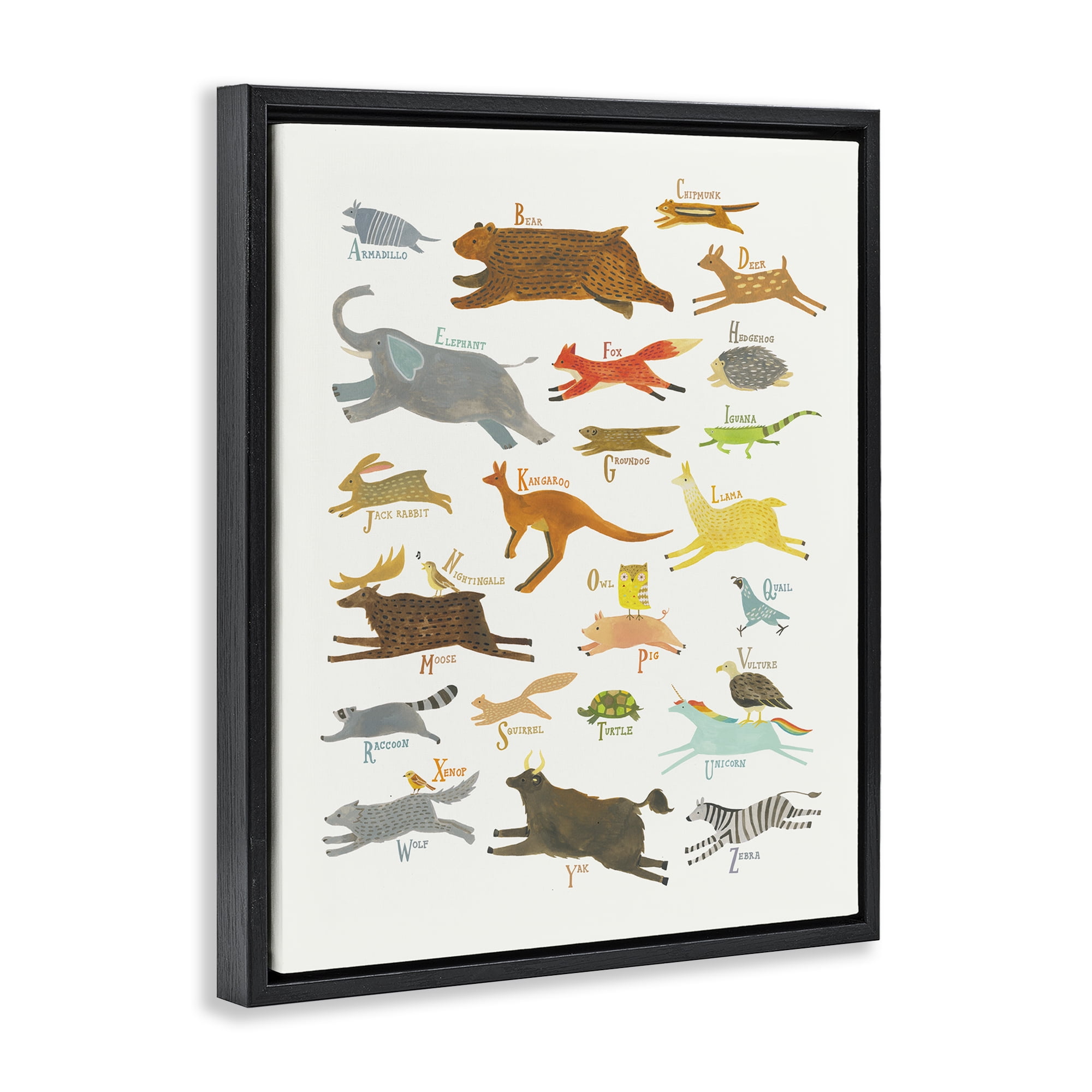 Stupell Industries Wild Animals Alphabet Education Painting Black Floater Framed Canvas Art Print Wall Art, 17 x 21