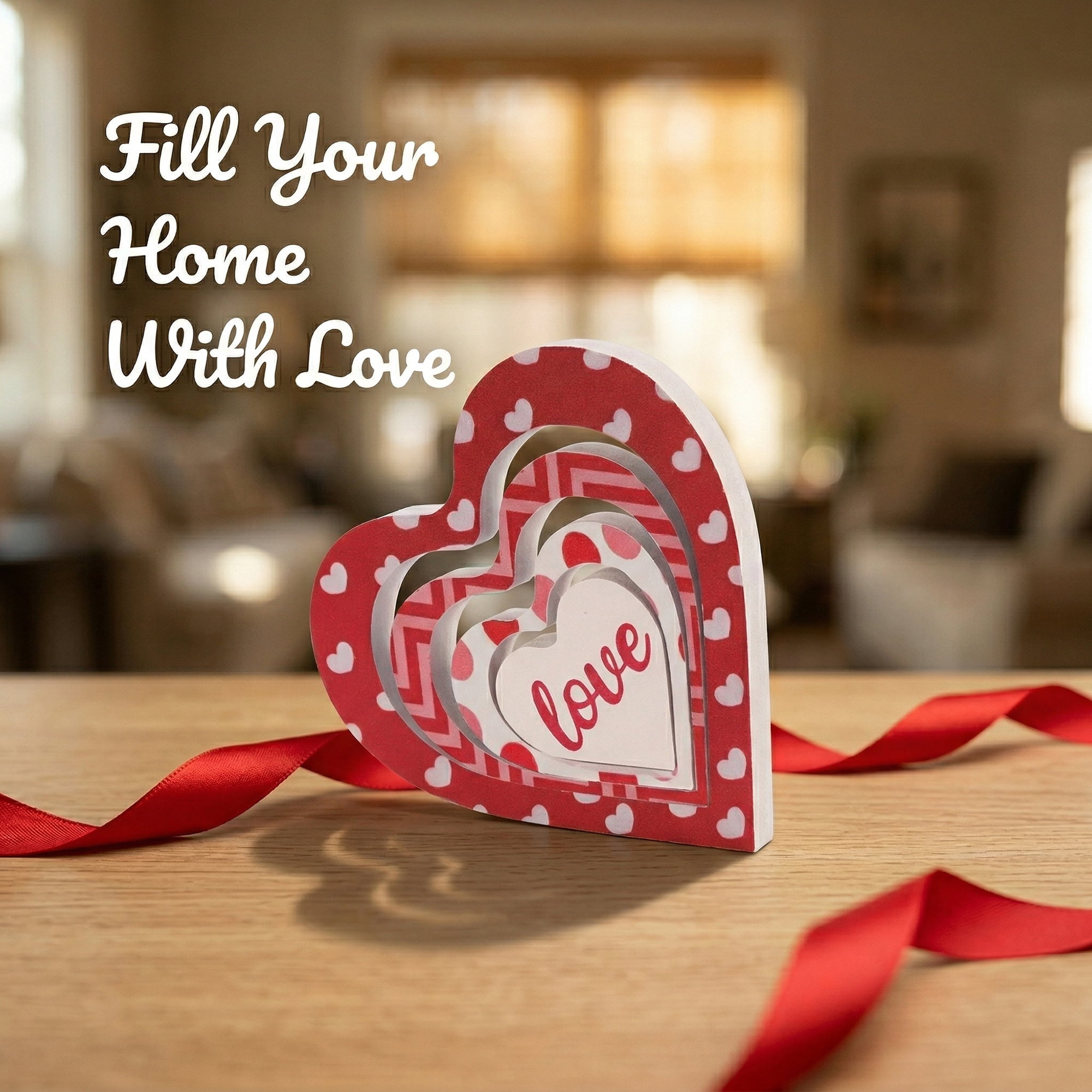 Unique Bargains Wooden Heart Table Decor Removable Stackable Heart Sign Style D 5.1in