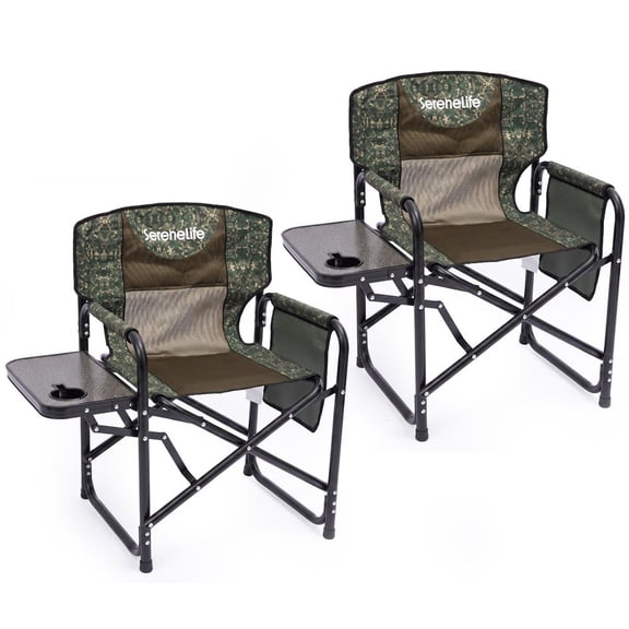 SereneLife Portable Director Chairs, Set of 2 Folding Camping Chairs with Side Table, Cup Holder, Padded Armrests, Steel Frame & Carry Bags, Green Camouflage