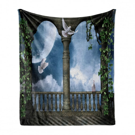 Dove Soft Flannel Fleece Throw Blanket, Flying Peace Symbolizing White Birds in a Medieval Balcony at Night, Cozy Plush for Indoor and Outdoor Use, 50" x 60", Slate Blue and Dark Sepia, by Ambesonne