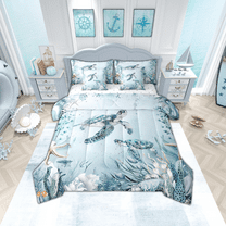 Sea Turtle Bed in a Bag King Size Comforter Set 7 Pieces,Teal Blue Ocean Beach Coastal Bedding Set Starfish Octopus Tentacles Sheet Sets with Comforter Creature Coral Bed Set,Kawaii Fish Room Decor