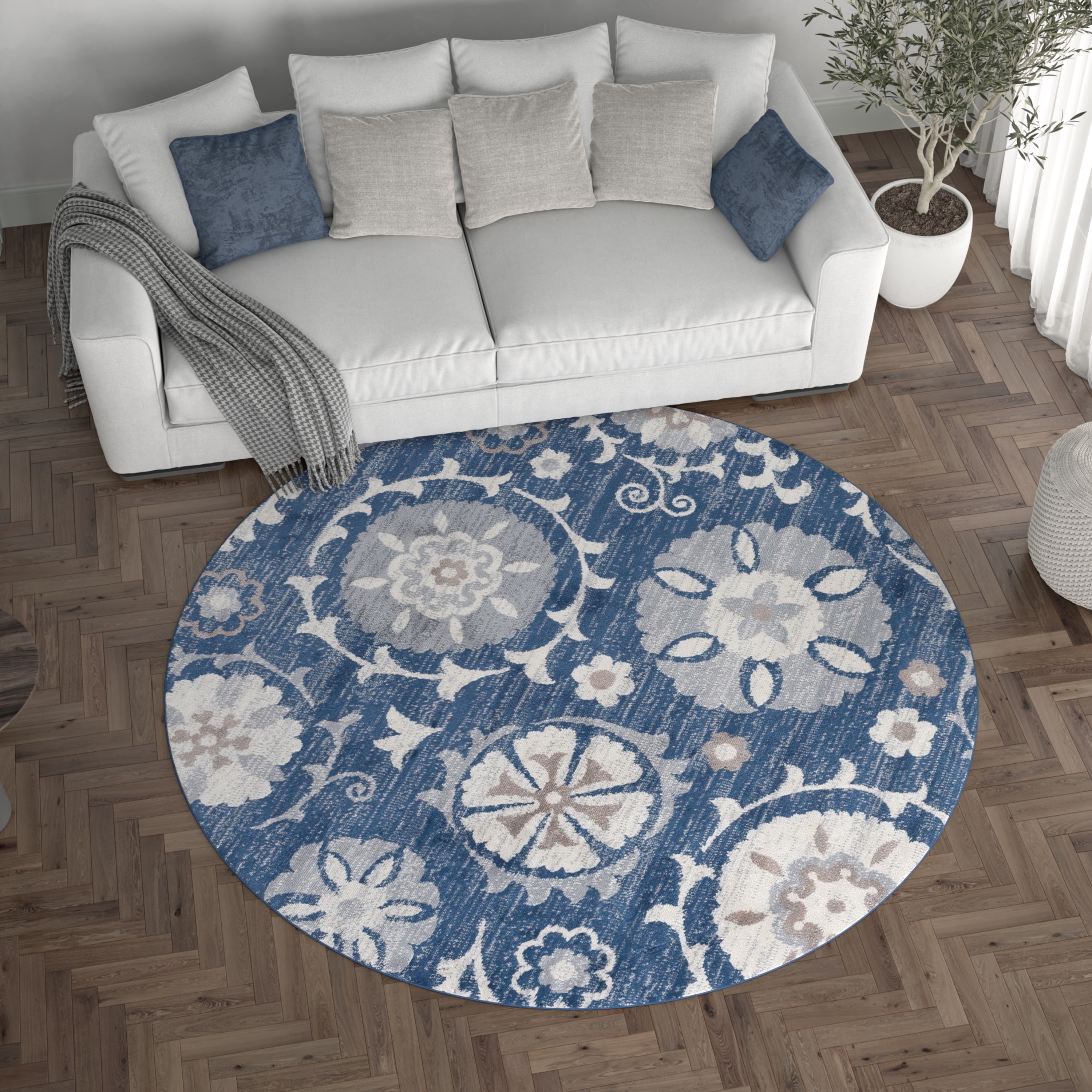 Madison Transitional 5' Round Navy and Cream Polypropylene Indoor Area Rug