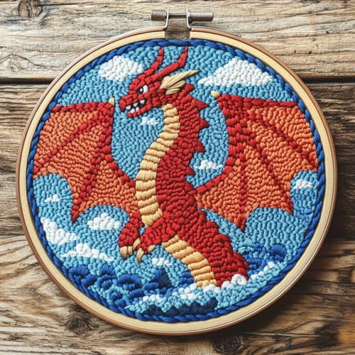 DIY Punch Needle Kits for Beginners Cartoon Red Dragon with Hoop Embroidery Punch Needle Starter Craft Set Easy for Adults and Children Festival Gift and Decoration 20x20cm-2