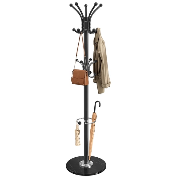 SONGMICS Freestanding Coat Rack, 18 Hooks, Marble Base, Umbrella Holder, Ink Black