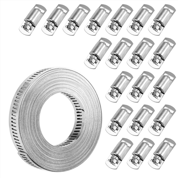 Hose Clamps 20FT Metal Strap 20 Fasteners DIY Cut-To-Fit Stainless Steel Band Adjustable Large Worm