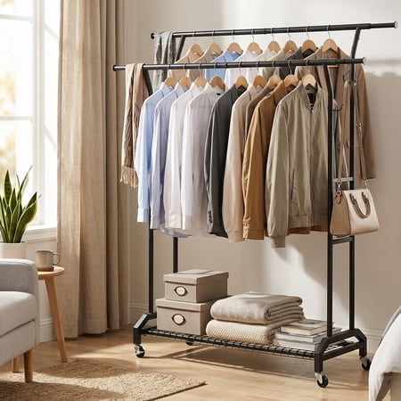 Garment Rack Black Height Adjustable Heavy Duty Metal Clothes Rack with Double Extendable Rods Wheels Mesh Shelf for Bedroom Laundry Room