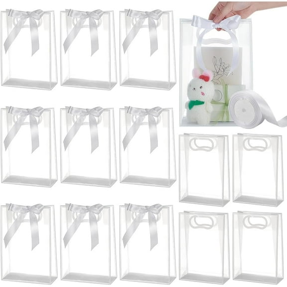 15 Pcs Clear White Plastic Gift Bag 26cm Long Rectangle Transparent Folding Plastic Gift Bags with Hole Handles Reusable Favor Bag for Boutique Wedding Birthday Halloween Fall Party Favors