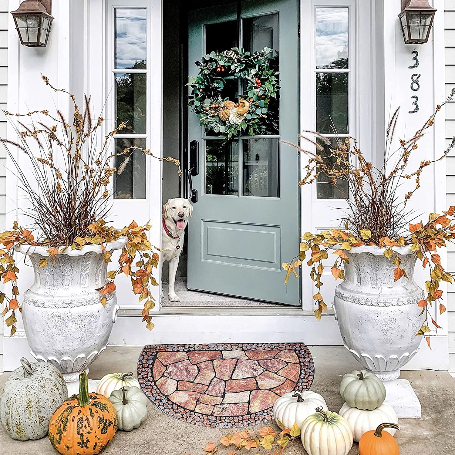 Decorative Doormat Outdoor Rubber Mat for Front Door Entrance Mat Indoor 2x3 Rug for Front Door Entry Non Slip Mat Outside Doormat Half Round (Cobble)