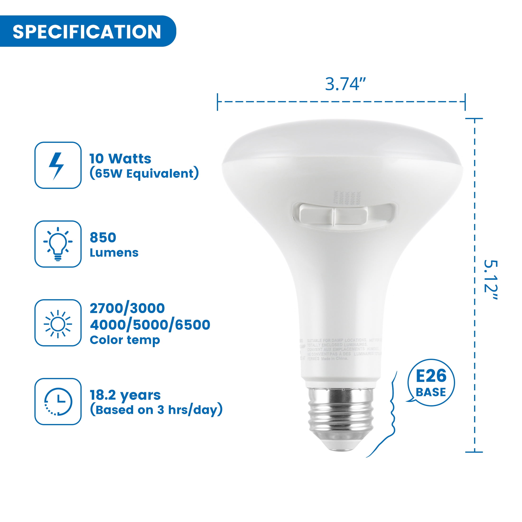 Great Value 5CCT LED BR30 Floodlight Bulb, 10W(65W Equivalent), E26 Medium Base Dimmable, 8 pack