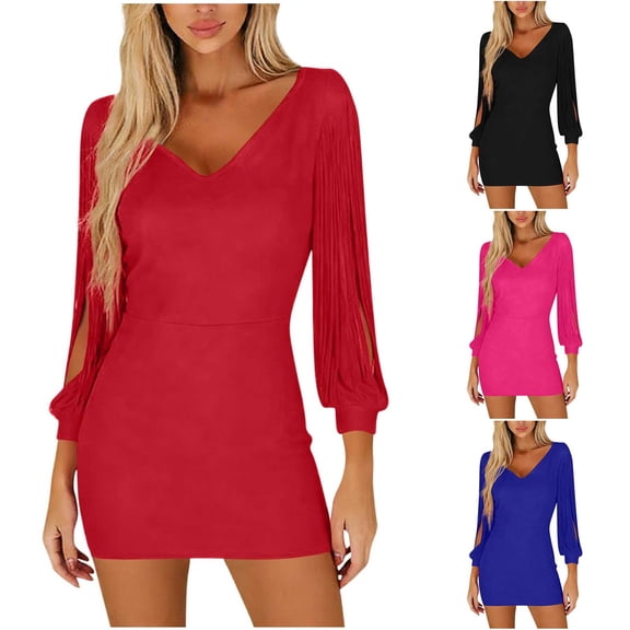 FRSASU Womens Ribbed Knit Sweater Dress Casual Long Sleeve V-Neck Bodycon Mini Dress Red