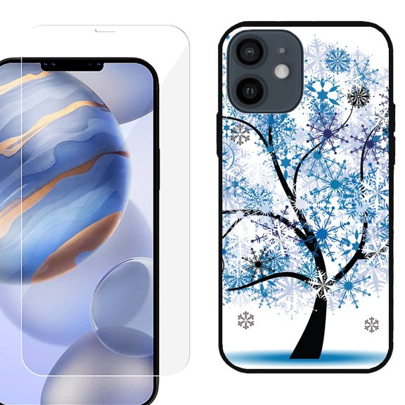 Slim-Fit Protective Phone Case (Black) compatible with iPhone 12 / iPhone 12 Pro, with Tempered Glass Screen Protector, by OneToughShield ® - Snowflakes Tree