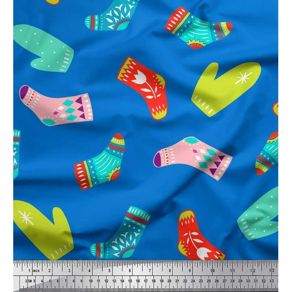 Soimoi Blue Moss Georgette Fabric Socks & Gloves Folk Art Decor Fabric Printed Yard 42 Inch Wide