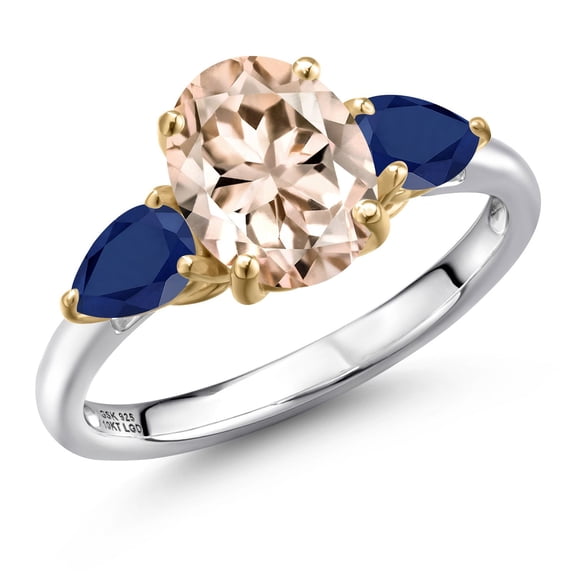Gem Stone King 925 Silver and 10K Yellow Gold Peach Morganite and Blue Sapphire Engagement Ring for Women | 2.60 Cttw | Oval 9X7MM | Gemstone October Birthstone | Size 7