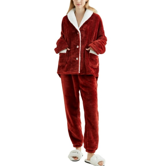 SWSMCLT Women's Fleece Pajama Set Button Cinch Bottom Cold Weather Loose Nightwear Loungewear Set Chunky Elastic Red X-Small