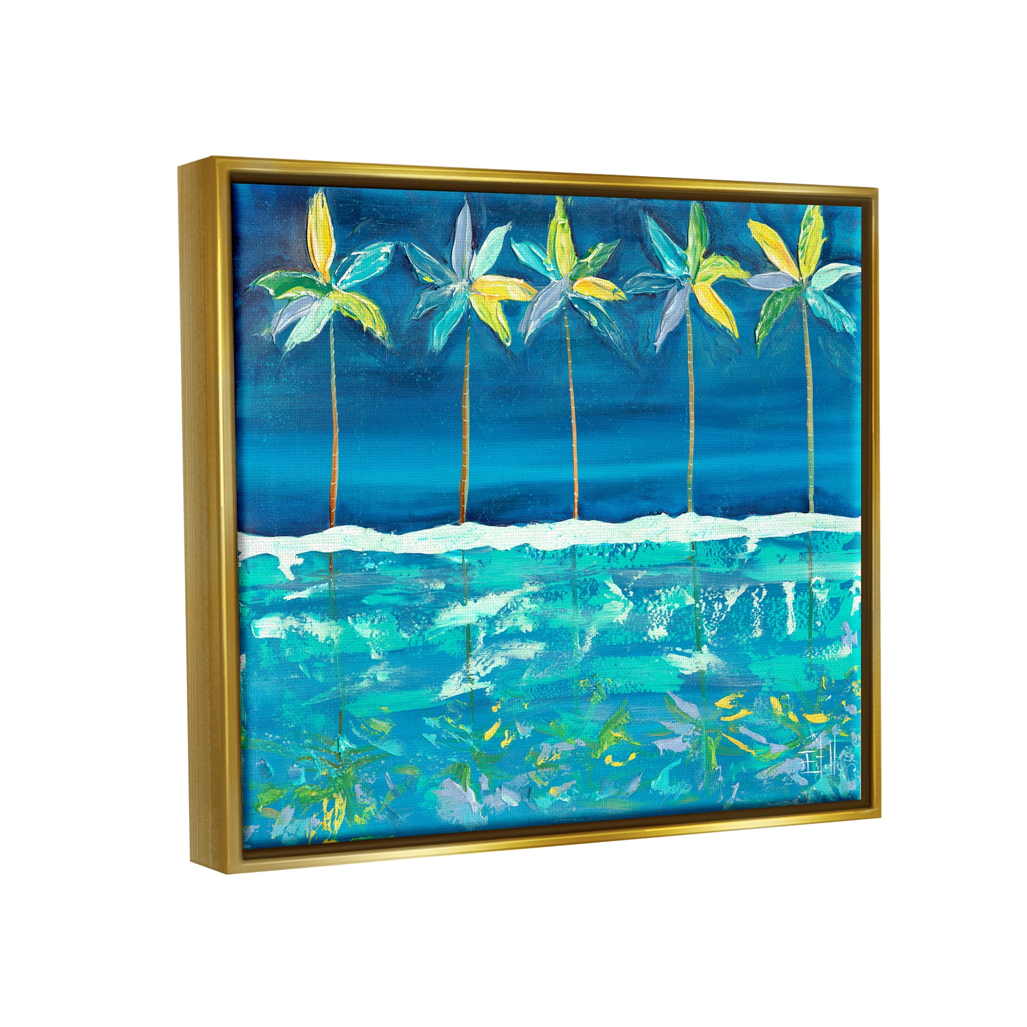 Stupell Industries Blue Abstract Palms Landscape Painting Gold Floater Framed Canvas Art Print Wall Art, 31 x 25