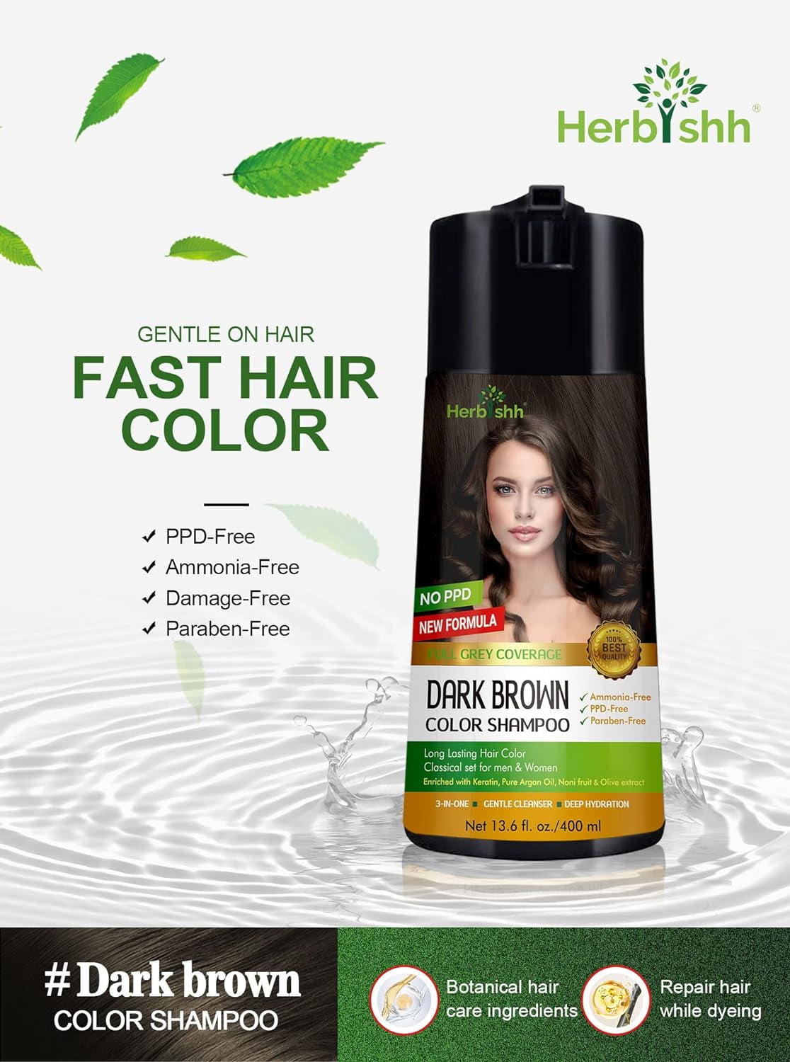 (5 pack) Herbishh Dark Brown PPD-Free Hair Color Shampoo for Gray Hair, Hair Dye Shampoo 3 in 1, 100% Gray Coverage, Permanent Hair Color for Men & Women, Ammonia-free, 400 ml