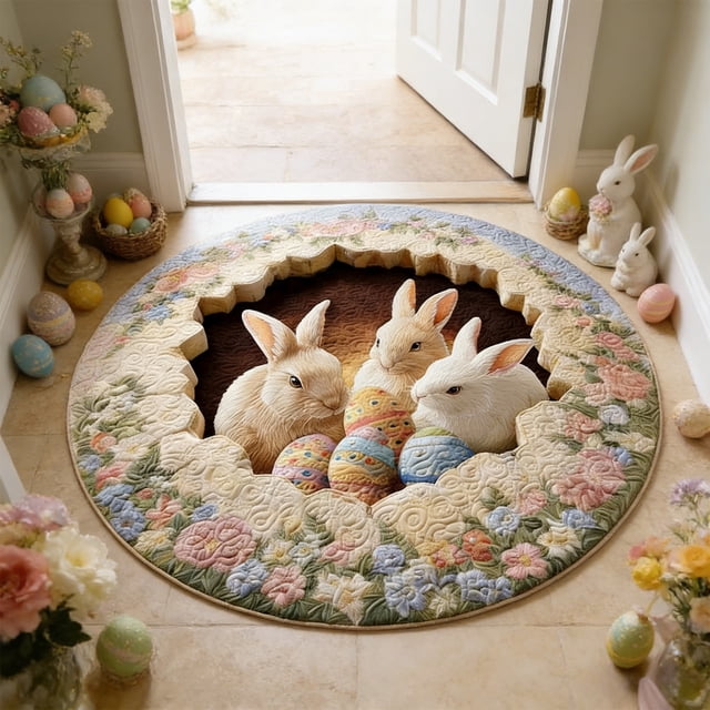 Weloille Easter Bunny Egg Round Shaggy Rug, Skin Friendly Soft 3D Visual Anti-Slip Washable Fluffy Carpet, Decorative Round Rugs for Living Room Sofa Bedroom Home Decor