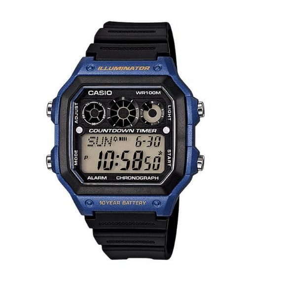 Casio Men's Digital Black Band Square Blue Resin Case Watch AE1300WH-2AV