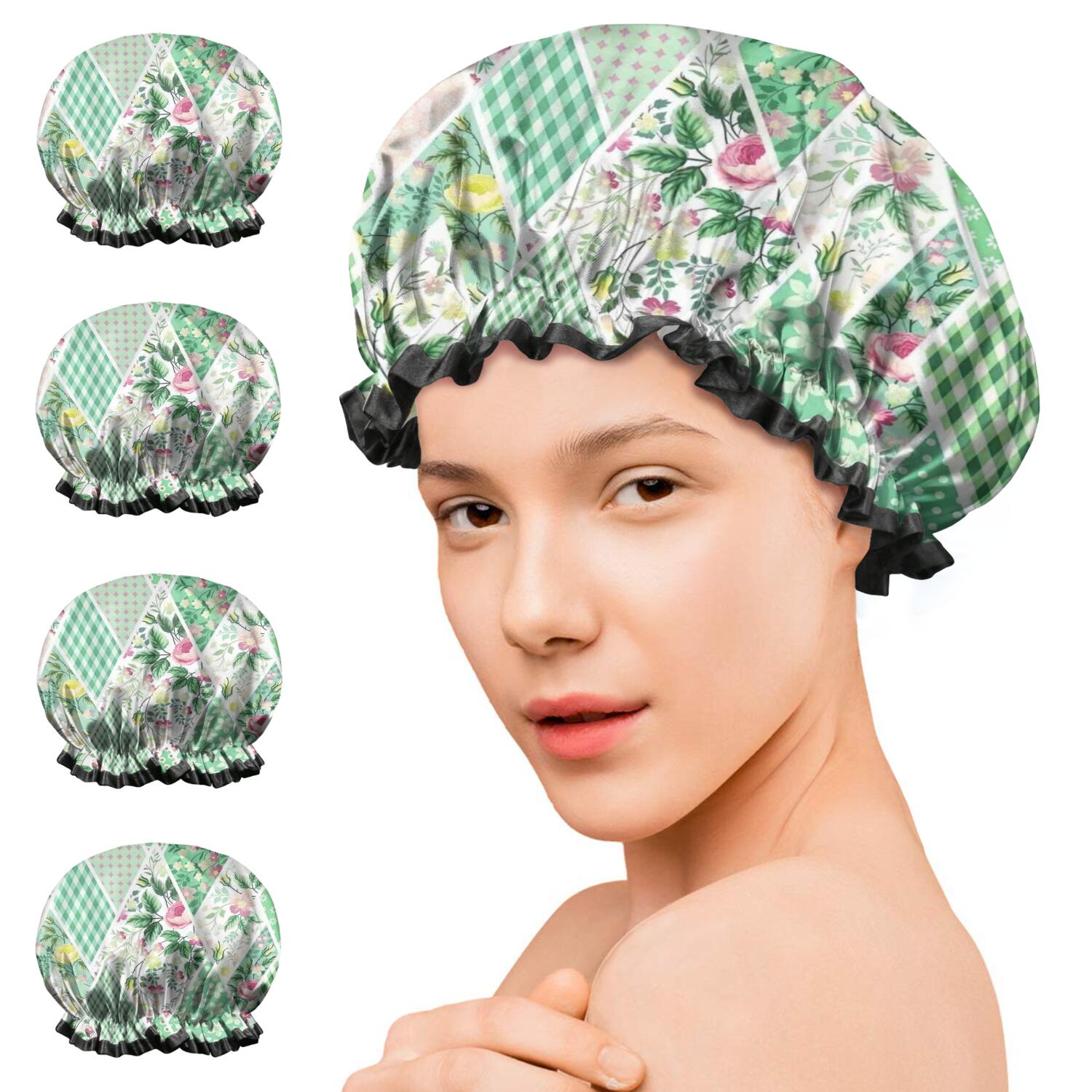 Shower Caps,Pioneer Flower Floral Print Pattern Waterproof Shower Cap for Women 4 Pieces,Double Reusable Hair Cover for Shower PEVA Elastic Stretch Hem