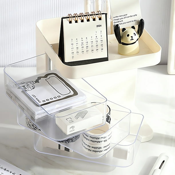 Organizador de cajones giratorio, caja de maquillaje de plástico con 3 compartimentos y portalápices, organizador de escritorio transparente para suministros de oficina, cosméticos y