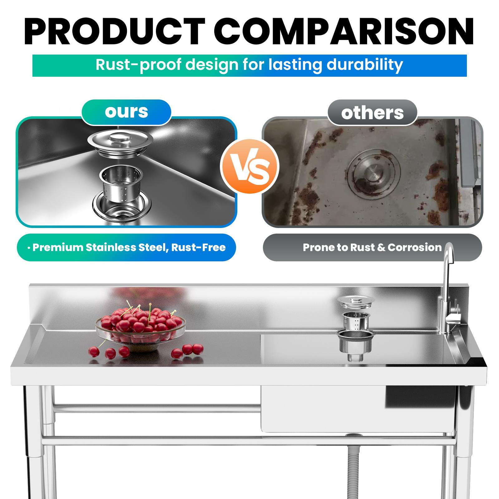300lbs Free Standing Sink Two hot and cold water pipes, Utility Sink With Large Space Storage Rack, Stain-Resistant Commercial Kitchen Sink for Kitchen