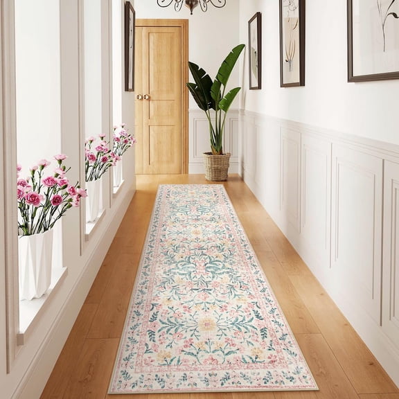 Floral Washable Runner Rug, 2'6"x8' Runners for Hallways Pink Rugs for Entryway Bedroom, Boho Non Slip Soft 8ft Long Carpet for Kitchen Bathroom Laundry