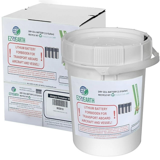 EZ on the Earth - Dry Cell Battery Recycling Container Kit - 1 Gallon Battery Recycling Pail - Pre-Paid/Mail-Back Recycle kit That Holds up to 13.2 lbs Batteries - Recycling Pail with Cardboard Box