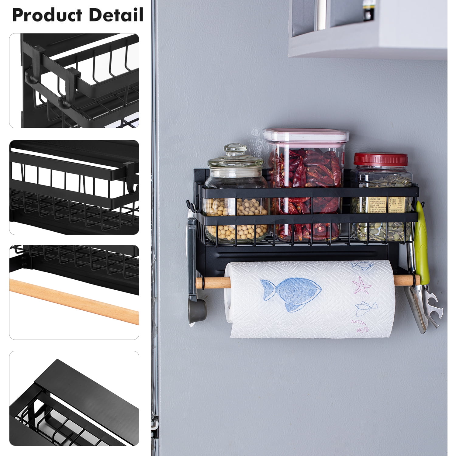 CACAGOO Magnetic Spice Rack for Refrigerator with Hook Paper Towel Holder Carbon Steel Multi Use Refrigerator Side Shelf